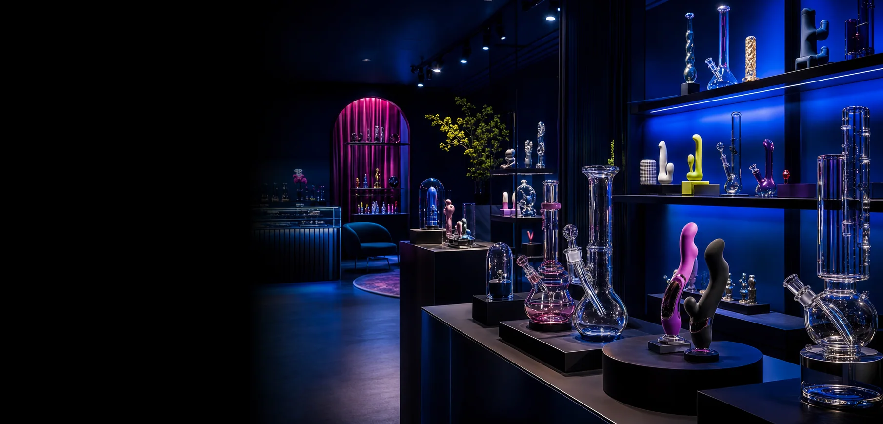 Boutique interior with glass and wellness objects